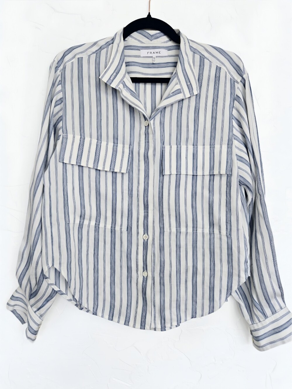FRAME Linen Blue White Button Up Clean Safari Top, XS